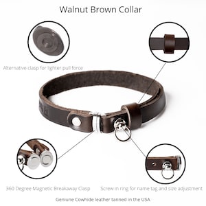 Mahogany Brown Leather Cat Collar. Magnetic Breakaway Cat Collar. Genuine Leather Cat Collar. Crafted in the USA.