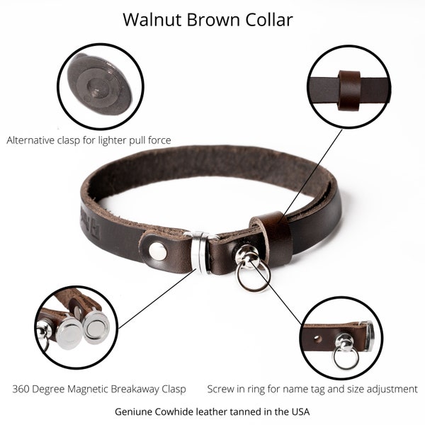 Mahogany Brown Leather Cat Collar. Magnetic Breakaway Cat Collar. Genuine Leather Cat Collar. Crafted in the USA.
