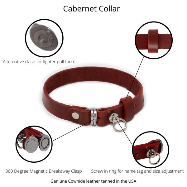 Red Cabernet Leather Cat Collar. Magnetic Breakaway Cat Collar. Genuine Leather Cat Collar. Crafted in the USA.