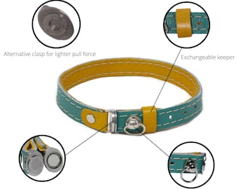 Reversible Magnetic Breakaway Cat Collar. Genuine Leather Cat Collar. Reversible for 2 styles. Mediterranean Sand (Aqua & Yellow)