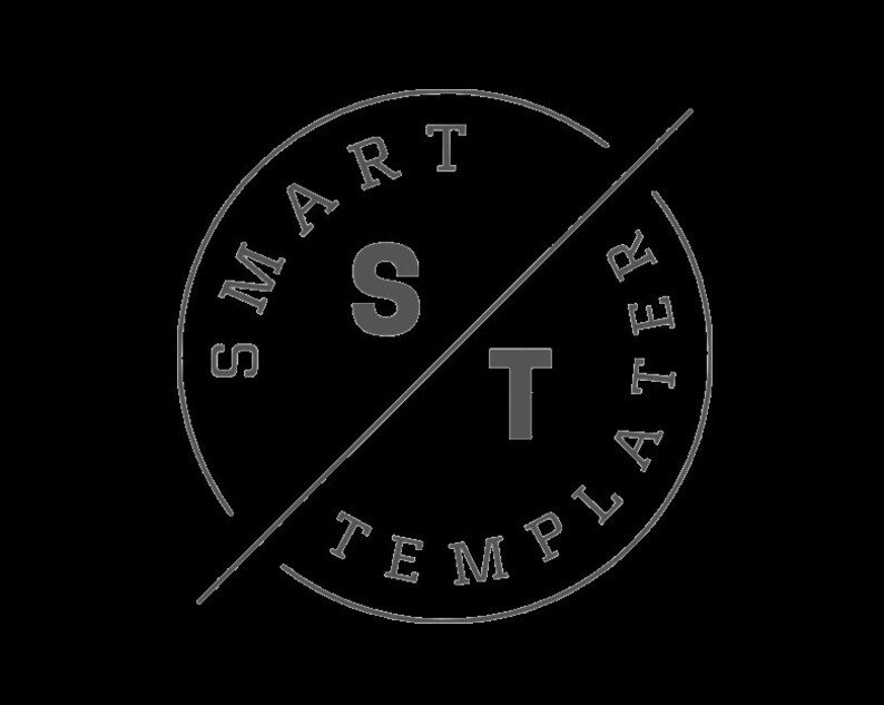 K&ouml;nnte beinhalten: Ein schwarz-wei&szlig;es Logo mit dem Text "SMART TEMPLATE" in einem Kreis. Die Buchstaben "S" und "T" sind gr&ouml;&szlig;er und heben sich vom restlichen Text ab.