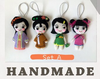 Handmade Felt Oriental Décor, Chinese Doll Ornament, Unique Gift, Party Favor, Stocking Stuffer - Collection of 4 or 8 - Free Shipping