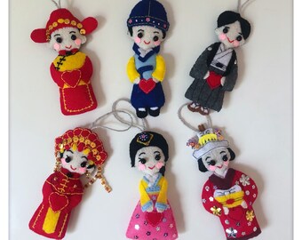 Bride and Groom Pair Handmade Felt Ornament Asian Decor - Unique Wedding Anniversary Valentines Gift - Free Shipping
