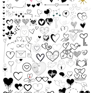 May include: A collection of black and white heart illustrations in various styles, including simple outlines, filled-in shapes, and intricate designs. Some hearts have additional details like arrows, keys, and swirls.