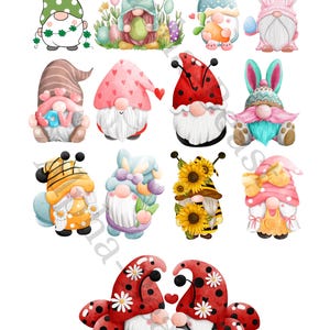 Può includere: Una collezione di illustrazioni di gnomi stravaganti. Ogni gnomo presenta un design unico, tra cui motivi a coccinella, ape e coniglio. Gli gnomi sono raffigurati con cappelli colorati, barbe e accenti floreali, perfetti per Pasqua o per lavori primaverili.