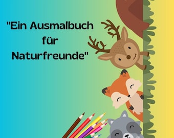 May include: A children's colouring book cover with the text "Magische Waldtiere" and "Ein Ausmalbuch für Naturfreunde". The cover features cartoon animals, including a bear, deer, fox, raccoon, and rabbit, with a bundle of coloured pencils.