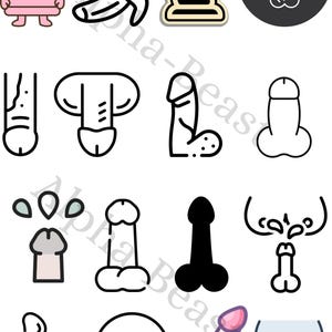 Könnte beinhalten: Sammlung verschiedener Cartoon-Illustrationen von phallischen Symbolen, darunter ein rosa Kondom mit Herzaugen, eine geschälte Banane und mehrere stilisierte Penis-Designs in Schwarz und Weiß.