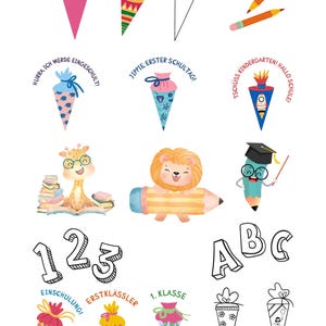 Könnte beinhalten: Eine Sammlung farbenfroher Illustrationen mit schulischen Themen. Enthält Bilder von Bleistiften, Schultüten, einer Giraffe, einem Löwen und einer Bleistiftfigur. Text enthält "123", "ABC" und deutsche Sätze wie "Einschulung!" und "Erster Schultag!"