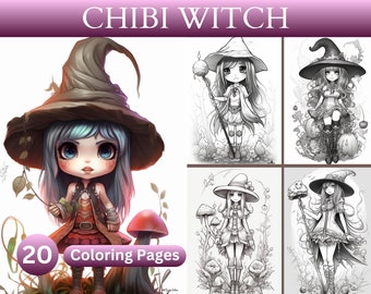 20 páginas para colorear de brujas chibi, sombrero de bruja, espeluznante, fantasía, Halloween, ilustraciones, PDF imprimible, descarga digital, libro para colorear para adultos y niños