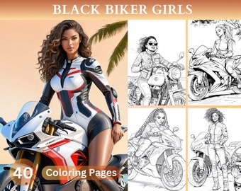Libro para colorear de 40 chicas motociclistas negras, afroamericanas, páginas para colorear para adultos, descarga instantánea, archivo PDF imprimible.
