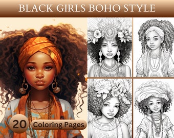 Libro para colorear de 20 chicas negras de estilo boho, afro, rastas, estilo boho, imágenes prediseñadas para sublimación, uso comercial, imprimible, descarga instantánea
