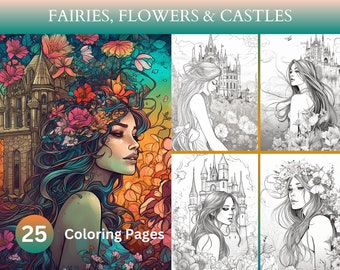Libro para colorear de 25 hadas, flores y castillos: fantasía, alas de hadas, encantamiento, descarga instantánea, páginas para colorear imprimibles, ilustraciones