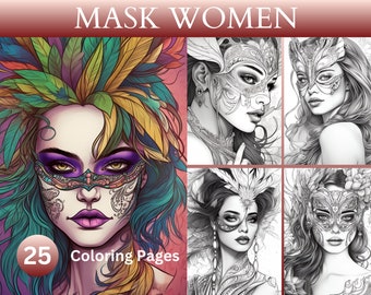 25 Mask Women Coloring Book, Women&#39;s Fashion, Masquerade, Glamorous, Artwork, Digital Art, Digital Download, Printable Images Illustrations