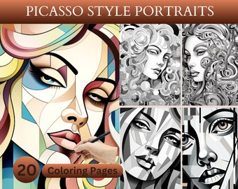 20 páginas para colorear de retratos estilo Picasso, páginas artísticas, libro para colorear abstracto, inspirado en Picasso, arte contemporáneo, archivo PDF imprimible