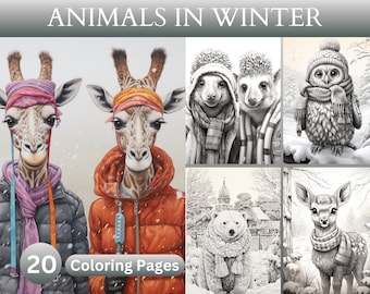 20 Winter Animals Coloring Book, Winter Wildlife, Snowflakes, Fantasy Critters Coloring Pages, Digital Download, Printable For Adults & Kids