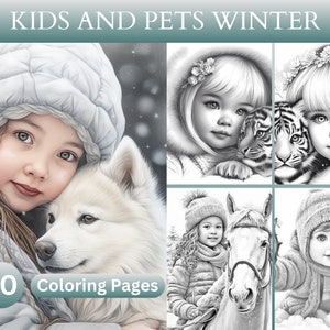 30 Winter Kids and Pets Coloring Pages, Grayscale, Winter Seasonal, Snowflakes, Adults & Kids, Instant Download, Winter Scenes Printable PDF