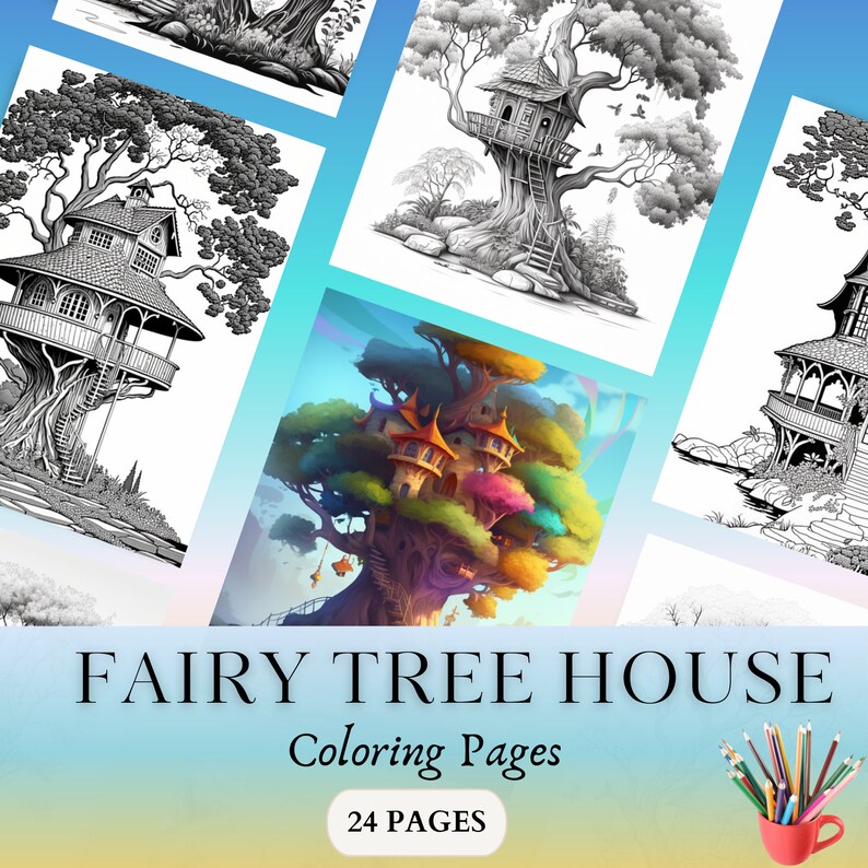 24 Fairy Tree House Coloring Pages Fairyland Fantasy - Etsy