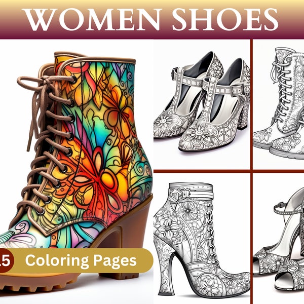 15 Women Shoes Coloring Pages, Shoes Fashion, Shoe Art, High Heels, Grayscale, Adults Coloring Book, Instant Download, Printable PDF File