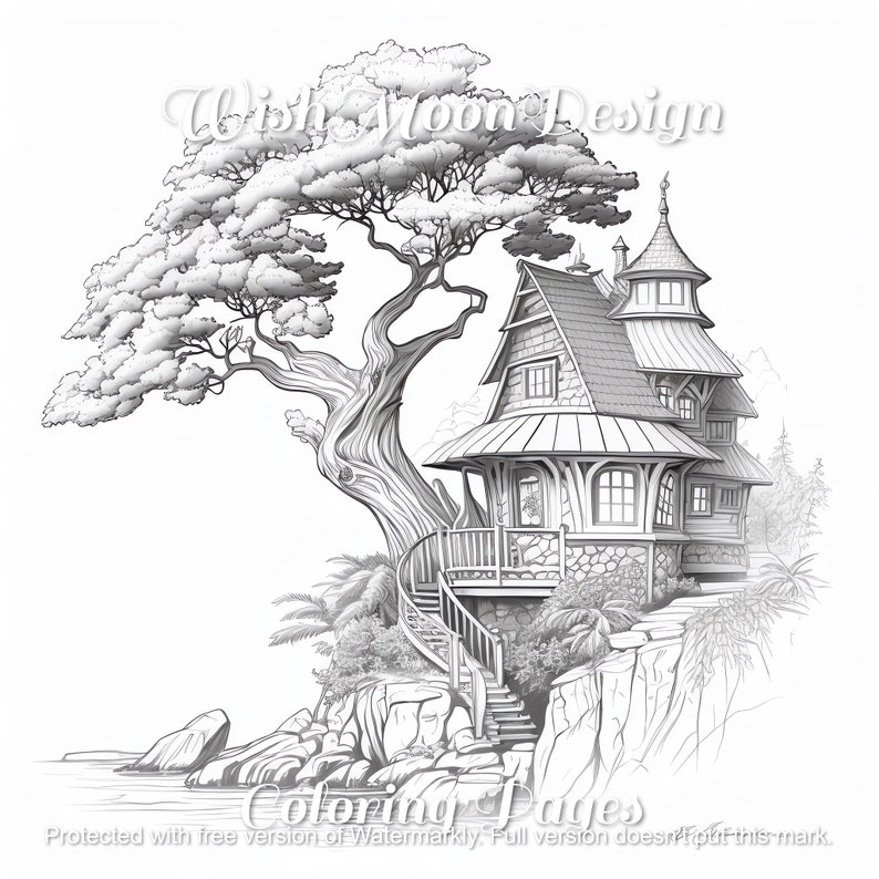 24 Fairy Tree House Coloring Pages Fairyland Fantasy - Etsy