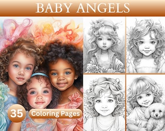 35 páginas para colorear de angelitos de todo el mundo. Adorables, fantasía, alas de ángel. Descarga instantánea. Libros imprimibles para adultos y niños.