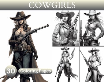 30 Cowgirls Coloring Pages - Adult Coloring Books, Cowgirl Outfit, Lifestyle, Western Style, Instant Download, Printable PDF Illustrations