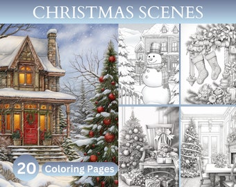 20 Christmas Scenes Coloring Book, Fantasy Xmas Cottage, Christmas Tree, Snowman Printable Coloring Pages Instant Download for Adults & Kids