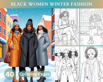 40 Black Women Winter Fashion Coloring Book, Winter Chic, Winter Outfits Coloring Pages for Adults, Grayscale Printable And Instant Download