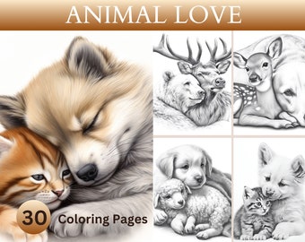 30 Libro para colorear de amor animal, animales lindos, vida silvestre realista, descarga instantánea, ilustraciones en escala de grises, páginas para colorear para adultos imprimibles
