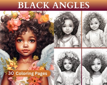 30 Black Angles Coloring Pages, Afrocentric, Celestial, Fantasy, Fairy Wings, Coloring Book, Digital Download/Printable Illustrations Images