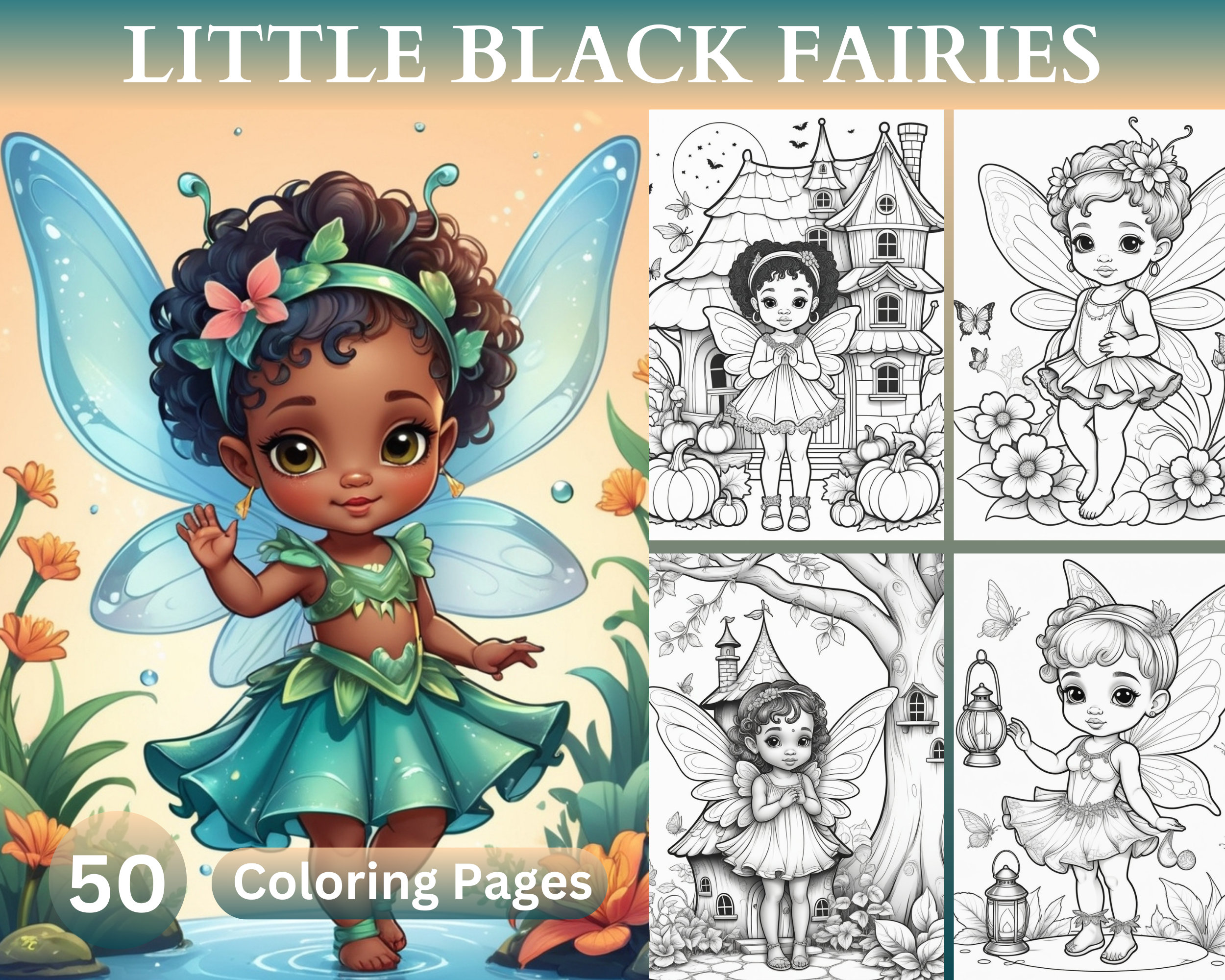 50 Fantasy Black Baby Girl Fairy Coloring Book, Enchanted Afro Fairies Coloring Book, Black Girl Fairies Coloring pages for Adults and Kids