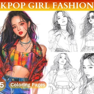35 Coloring Pages Bundle Kpop Girl Fashion, Kpop Inspired Girl, K-pop Star Art Printable FDF, Gift Coloring Book Set For Adults and Kids