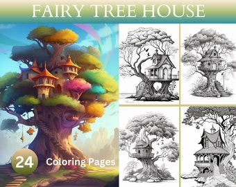 24 Libro para colorear de la casa del árbol de hadas de fantasía: país de las hadas, arte encantado y caprichoso, descarga digital, imágenes imprimibles, ilustraciones mágicas