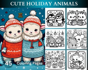 45 animales navideños kawaii, adorables y acogedores para colorear, páginas para colorear navideñas, descarga instantánea, PDF imprimible para relajarse y divertirse.
