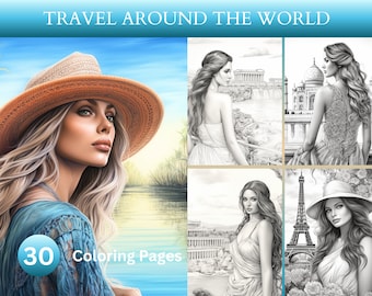 30 Travel Around The World Coloring Book - Nature Lovers, Dream, Wanderlust, Digital, Adults Coloring, Instant Download, Printable PDF Pages