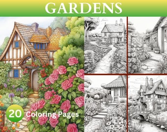 Gardens Coloring Book - Fantasy, Magical, Secret Garden, Blossoms House, Floral, Botanical, Garden, Instant Download, 20 Printable PDF Pages