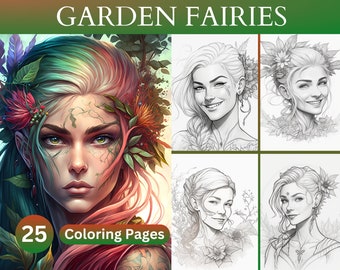 Libro para colorear de 25 hadas de jardín, fantasía, flores, encanto, caprichoso, místico, descarga instantánea, PDF imprimible, páginas para colorear para adultos