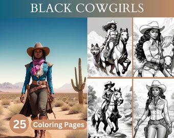 25 páginas para colorear de vaqueras negras, páginas para colorear de vaqueras afroamericanas, libro para colorear del oeste, afro, descarga instantánea