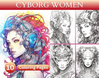 10 páginas para colorear de mujeres cyborg, mujeres sintéticas, arte de ciencia ficción, moda, coloración digital, imprimible, descarga instantánea, ilustraciones e imágenes