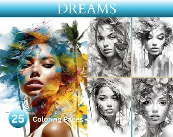 25 Dreams Coloring Pages, Imagination, Dreamcatcher, Fantasy, Abstract Combing Face, Art, Instant Download, Printable Adult Coloring Pages
