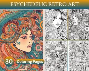 30 Libro para colorear retro psicodélico, Stoner Hippie de los años 70, Groovy, Arte vintage, Páginas para colorear para adultos, Descarga instantánea, Páginas PDF imprimibles