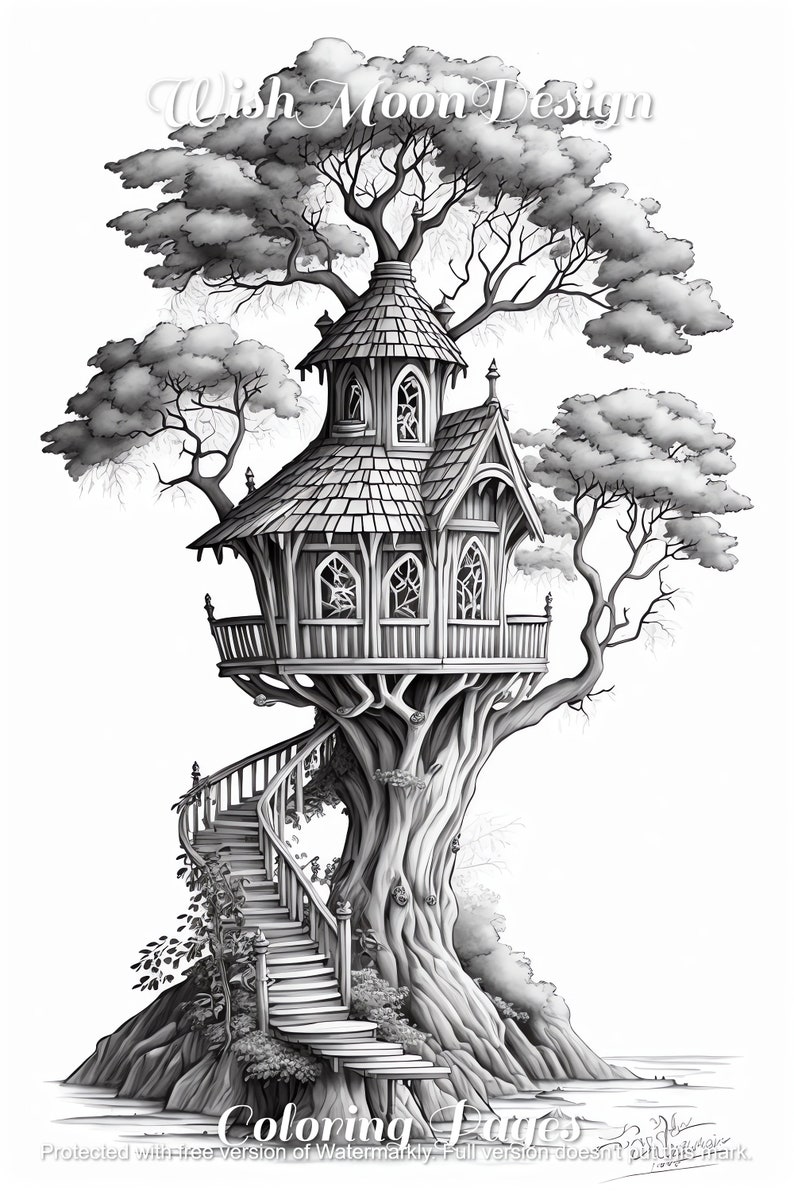 24 Fairy Tree House Coloring Pages Fairyland Fantasy - Etsy
