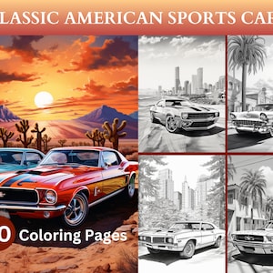 30 pagine da colorare di auto sportive americane classiche, design retrò, da collezione, auto d'epoca, arte automobilistica, download immediato, PDF stampabile