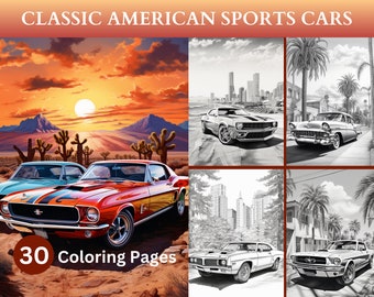 30 Classic American Sports Cars Coloring Pages, Retro Design, Collectible, Vintage Cars, Automotive Art, Instant Download, Printable PDF