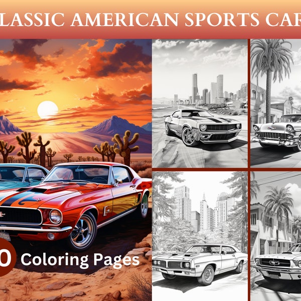 30 Classic American Sports Cars Coloring Pages, Retro Design, Collectible, Vintage Cars, Automotive Art, Instant Download, Printable PDF