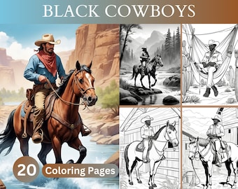 20 páginas para colorear de vaqueros negros afro / Ilustración de aventuras / Vaquero afroamericano / Libro del oeste / Impresión digital / Descarga instantánea