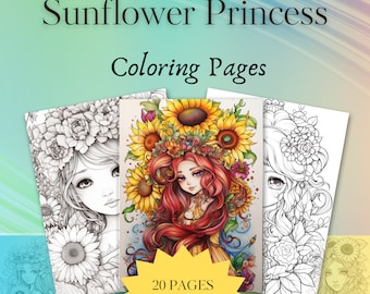 Sunflower Princess Coloring Book, Fantasy, Floral Art, Kawaii, Art Therapy, Artworks, Digital Download, Adult/Kids Coloring Pages 20 Images