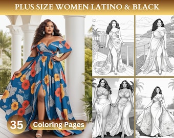 35 páginas para colorear de retratos de mujeres latinas y negras de talla grande para adultos, libro para colorear en escala de grises de mujeres negras XL, descarga instantánea en formato PDF