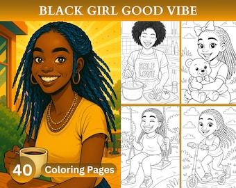 40 páginas para colorear de chicas negras con buen rollo. Colorear de forma atrevida y sencilla. Amor propio, alegría y positividad para adultos y adolescentes. Descarga digital.