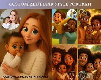 Retrato personalizado estilo Pixar a partir de una foto: arte digital de dibujos animados para familias, parejas y mascotas. Ilustración animada en 3D. Regalo personalizado.