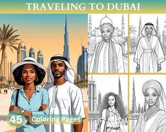 45 Traveling to Dubai Adults Coloring Book, African American Tourist, Dubai Historical Place, Traveler Coloring pages, Instant Download PDF